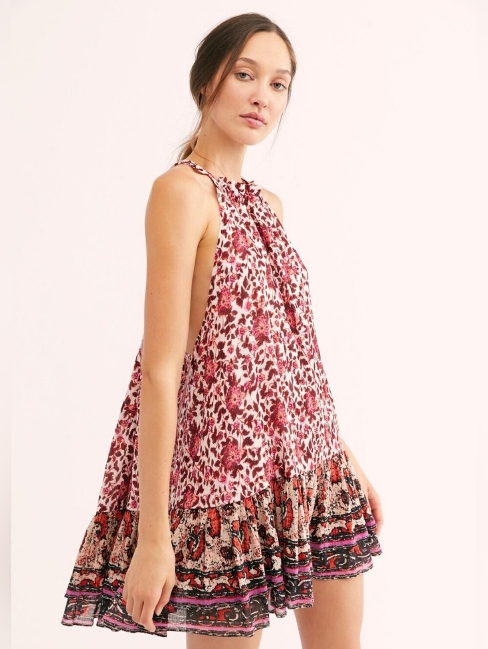 Free People Lyla Mini Dress in a tribal floral print Ruffle Hem Medium Cotton